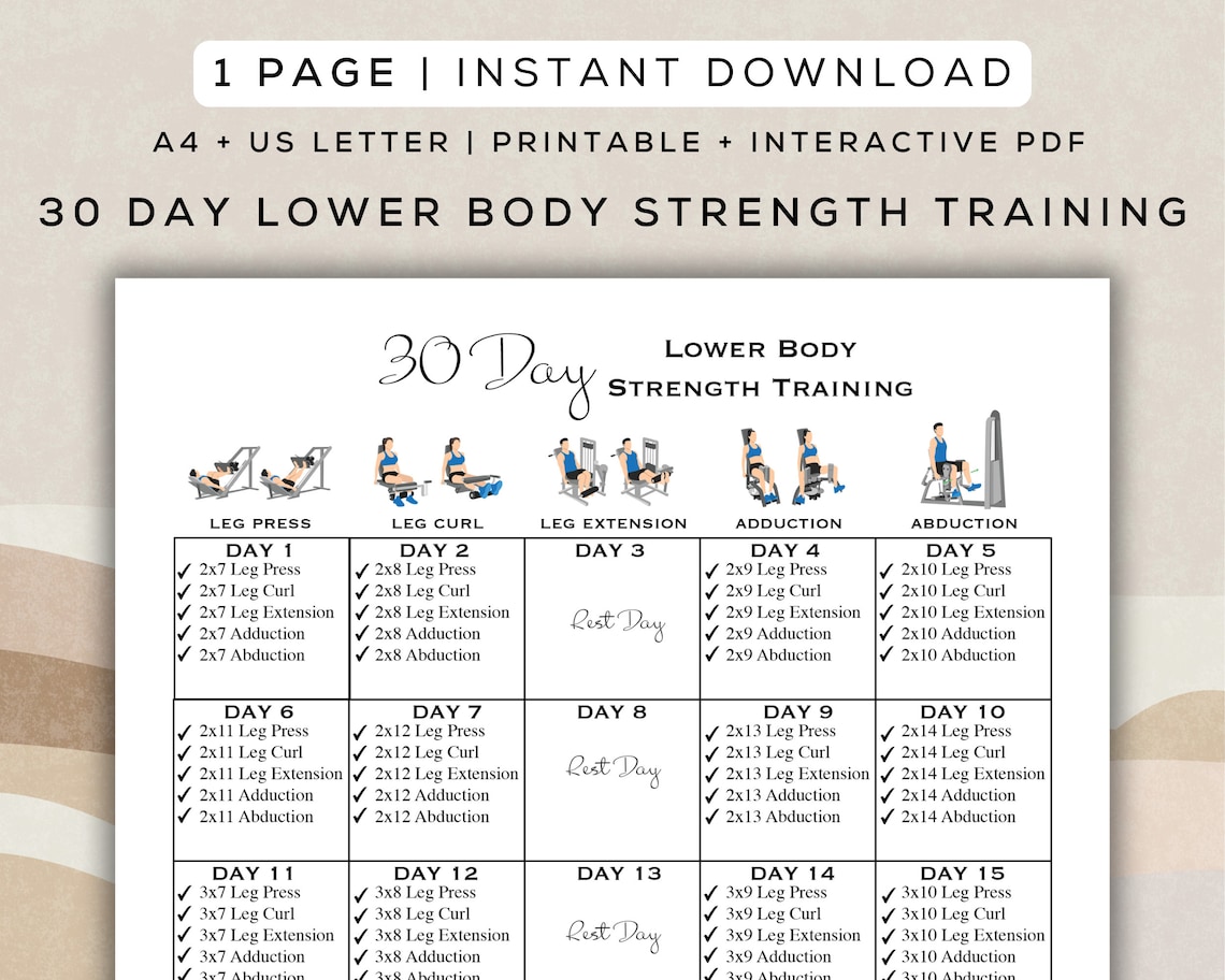 30 Day Lower Body Strength Training Workout Printable + Interactive PDF ...
