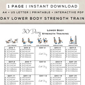 Entrenamiento de fuerza para la parte inferior del cuerpo de 30 días para imprimir + PDF interactivo / Guía de gimnasio digital fácil de seguir para principiantes / Tamaño A4 + Carta de EE. UU.