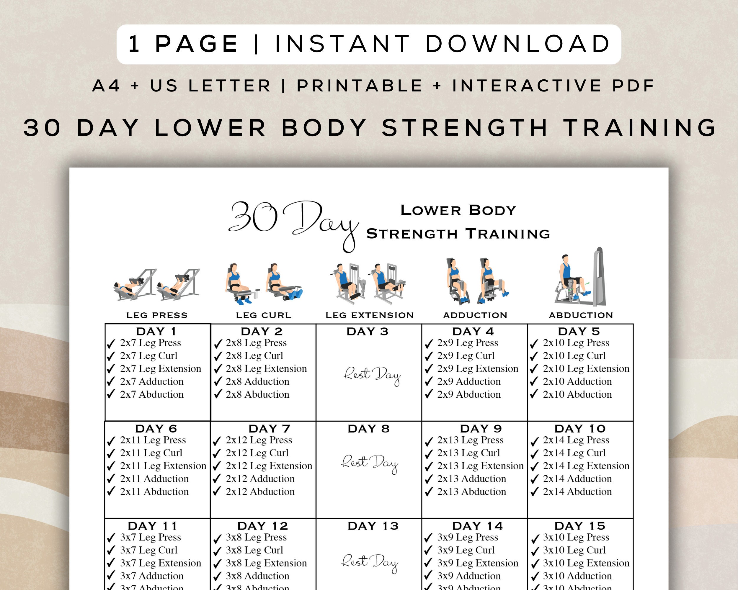 30 Day Lower Body Strength Training Workout Printable Interactive PDF Easy to Follow beginner Friendly Digital Gym Guide A4 US Letter Etsy