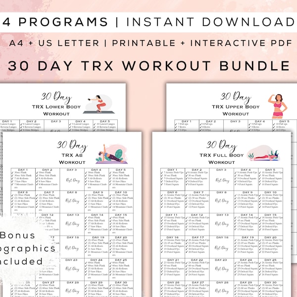 30 Day Full Body TRX Workout Bundle Printable + Digital Gym Guide | Bonus Infographics Included |Easy to Follow Fitness Program |A4 + Letter