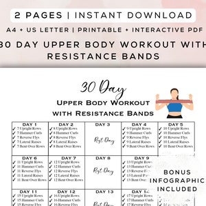 Entrenamiento de 30 días para la parte superior del cuerpo con bandas de resistencia, imprimible, PDF interactivo, infografía adicional, entrenamiento para principiantes, guía de gimnasio, tamaño A4 y carta de EE. UU.