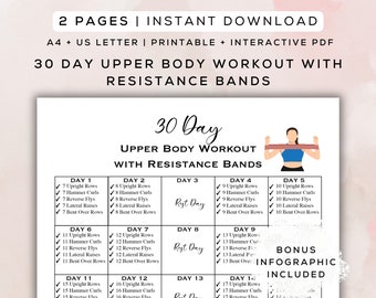 30 Day Upper Body Workout with Resistance Bands Printable + Interactive PDF | Bonus Infographic, Beginner Workout, Gym Guide |A4 + US Letter