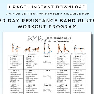 Programme d&#39;entraînement des fessiers de 30 jours avec bandes de résistance Imprimable + PDF à remplir | Programme de remise en forme facile à suivre pour les débutants | A4 + Lettre US