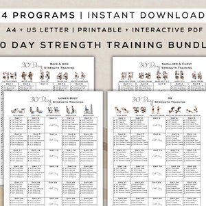 Paquete de entrenamiento de fuerza de 30 días para imprimir + PDF interactivo / 4 rutinas, guía digital para principiantes fácil de seguir / A4 + carta de EE. UU.