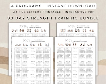 30 Day Strength Training Workout Bundle Printable + Interactive PDF |4 Workouts, Easy to Follow, Beginner Digital Gym Guide | A4 + US Letter