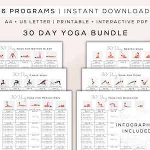 Paquete de yoga de 30 días imprimible + PDF interactivo / 6 programas, posturas fáciles de seguir, guía de entrenamiento digital para principiantes / A4 + Carta EE. UU.