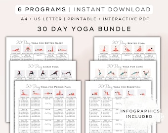 30 Day Yoga Bundle Printable + Interactive PDF | 6 Programs, Easy to Follow Poses, Beginner Friendly, Digital Workout Guide | A4 + US Letter