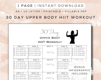 30 Day Upper Body HIIT Workout Program Printable + Fillable PDF | Bonus Infographic, Beginner Home Workout Plan, Gym Guide | A4 + Letter