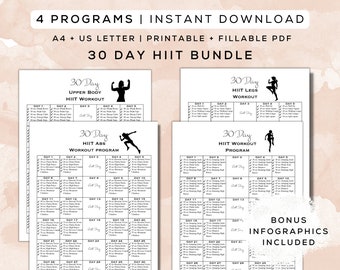 30 Day HIIT Workout Bundle Printable + Interactive PDF | Bonus Infographics, Easy to Follow Programs ,Home Workouts , Gym Guide |A4 + Letter