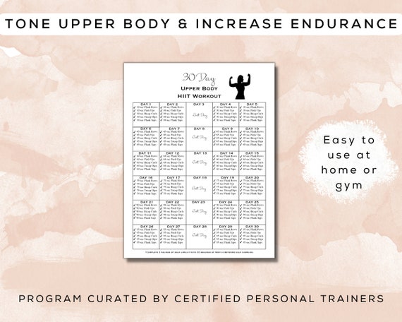 30 Day Upper Body HIIT Workout Program Printable Fillable PDF Bonus Infographic Beginner Home Workout Plan Gym Guide A4 Letter Etsy