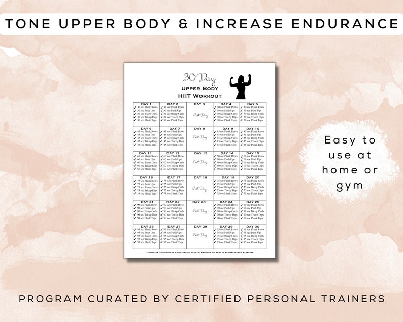30 Day Upper Body HIIT Workout Program Printable + Fillable PDF | Bonus ...
