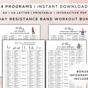 Paquete de entrenamiento con banda de resistencia de 30 días para imprimir + PDF interactivo / Infografías adicionales, entrenamiento para principiantes, guía digital para gimnasios / A4 + carta de EE. UU.