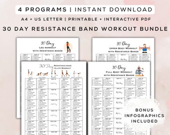 30 Day Resistance Band Workout Bundle Printable + Interactive PDF | Bonus Infographics, Beginner Workout, Digital Gym Guide | A4 + US Letter