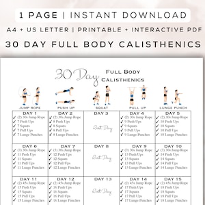 30 Day Full Body Calisthenics Workout Plan Printable + Interactive PDF, Easy to Follow Fitness,Home Workout + Digital Gym Guide, A4 + Letter