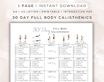 30 Tage Ganzkörper Calisthenics Trainingsplan Printable + Interaktives PDF, leicht zu folgen Fitness, Home Workout + Digital Gym Guide, A4 + Letter