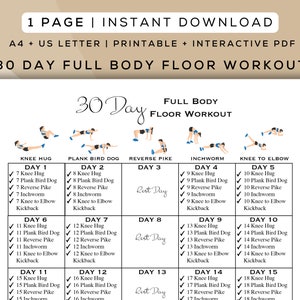 Entrenamiento de piso de cuerpo completo de 30 días imprimible + PDF interactivo / Guía digital de entrenamiento en casa, fácil de seguir, apta para principiantes / A4 + carta de EE. UU.