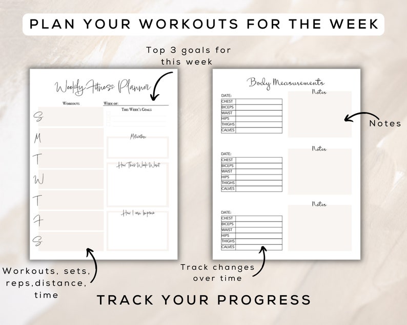 Weekly Fitness Planner Body Measurement Tracker, Printable Fillable PDF