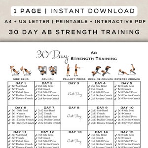 Entrenamiento de fuerza abdominal de 30 días para imprimir + PDF interactivo / Guía digital de equipos de gimnasio para principiantes fácil de seguir / A4 + Carta de EE. UU.