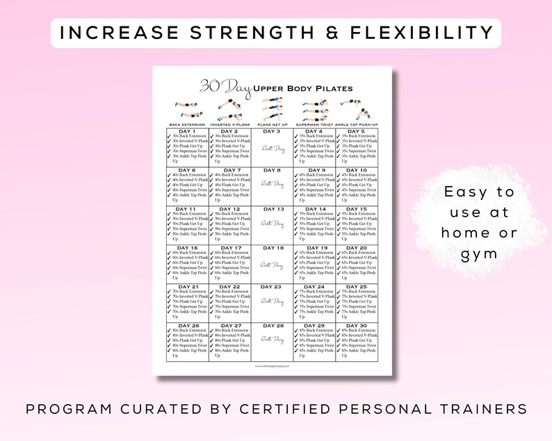 30 Day Upper Body Pilates Printable + Interactive PDF | Easy to Follow ...