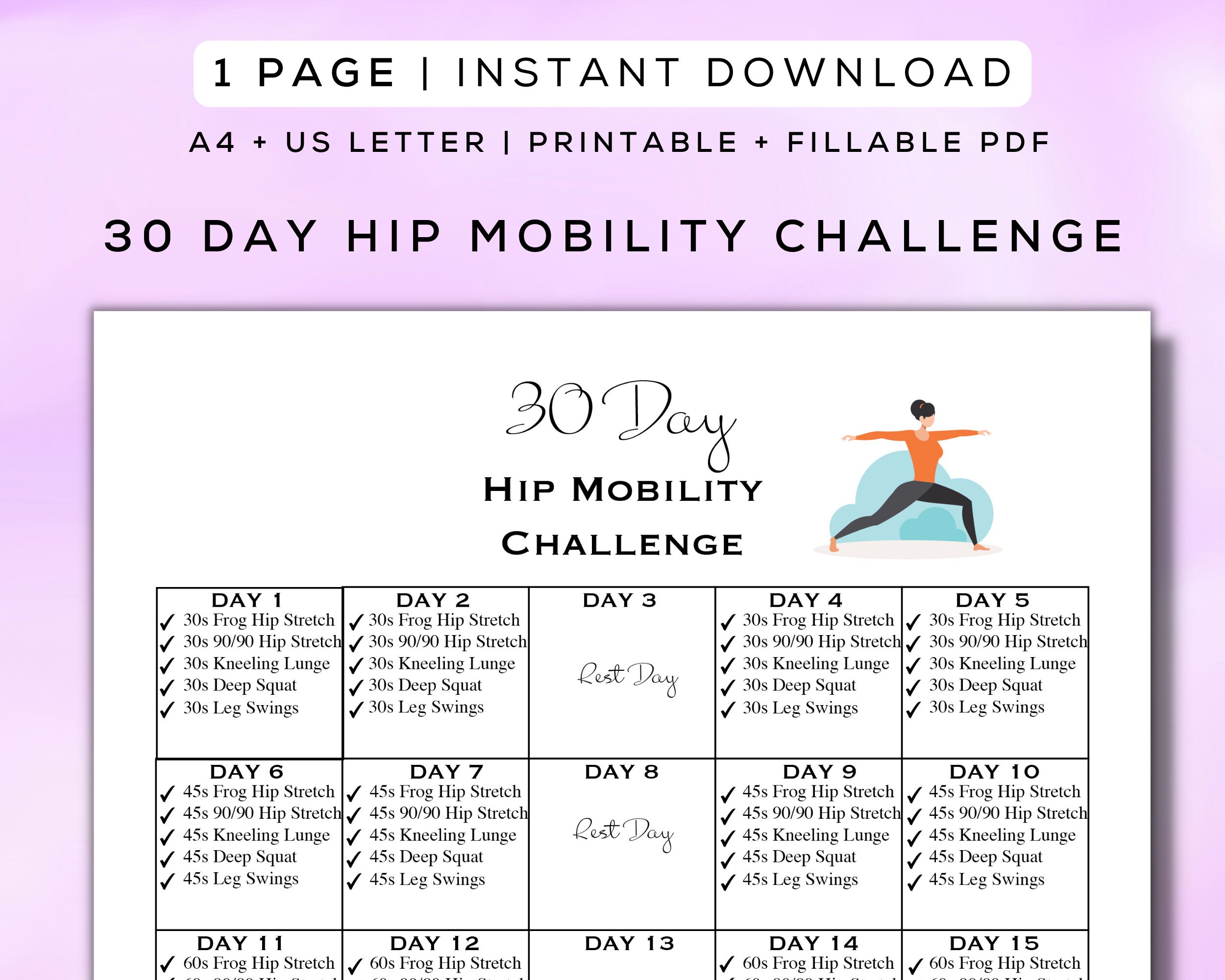 30 Day Hip Mobility Challenge Printable Fillable PDF Easy to Follow ...