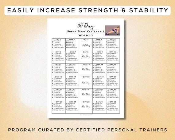 30 Day Kettlebell Upper Body Workout Printable Digital Gym Guide Bonus Infographic A4 US Letter Easy to Follow Fitness Program Etsy