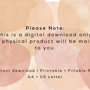 K&ouml;nnte beinhalten: Ein Hinweis auf einen digitalen Download mit einem Aquarellhintergrund in Peach- und Rosat&ouml;nen. Der Text lautet: "Bitte beachten Sie: Dies ist ein digitaler Download. Es wird kein physisches Produkt versandt. Sofortiger Download | Druckbarer und ausf&uuml;llbarer PDF A4 + US Letter"