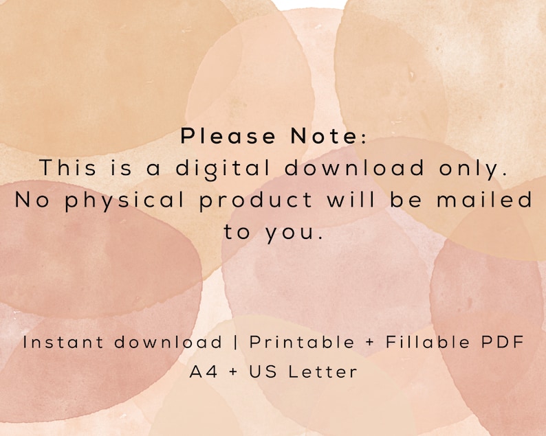 K&ouml;nnte beinhalten: Ein Hinweis auf einen digitalen Download mit einem Aquarellhintergrund in Peach- und Rosat&ouml;nen. Der Text lautet: "Bitte beachten Sie: Dies ist ein digitaler Download. Es wird kein physisches Produkt versandt. Sofortiger Download | Druckbarer und ausf&uuml;llbarer PDF A4 + US Letter"