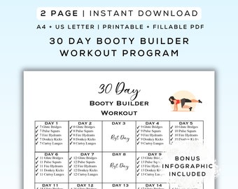 30 Day Booty Builder Workout Program Printable Fillable PDF Bonus Infographic Easy to Follow Workout beginner Friendly A4 Letter Etsy