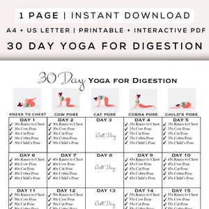30 Day Yoga for Digestion Printable + Interactive PDF | Easy to Follow Poses, Beginner Friendly, Digital Workout Guide | A4 + US Letter