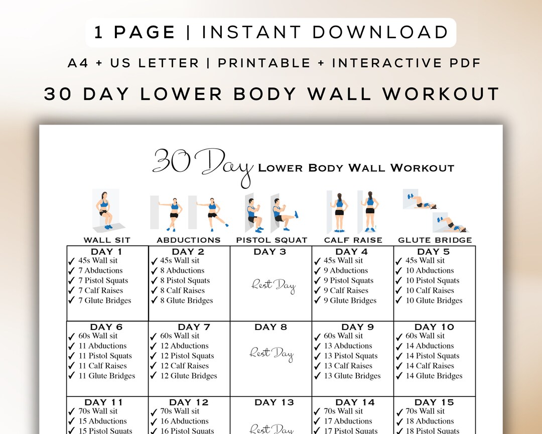 30 Day Lower Body Wall Workout Printable + Interactive PDF | Easy to ...