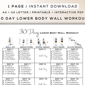 Rutina de 30 días para la parte inferior del cuerpo en la pared, imprimible + PDF interactivo / Programa fácil de seguir, apto para principiantes, guía digital para gimnasios / A4 + Carta de EE. UU.