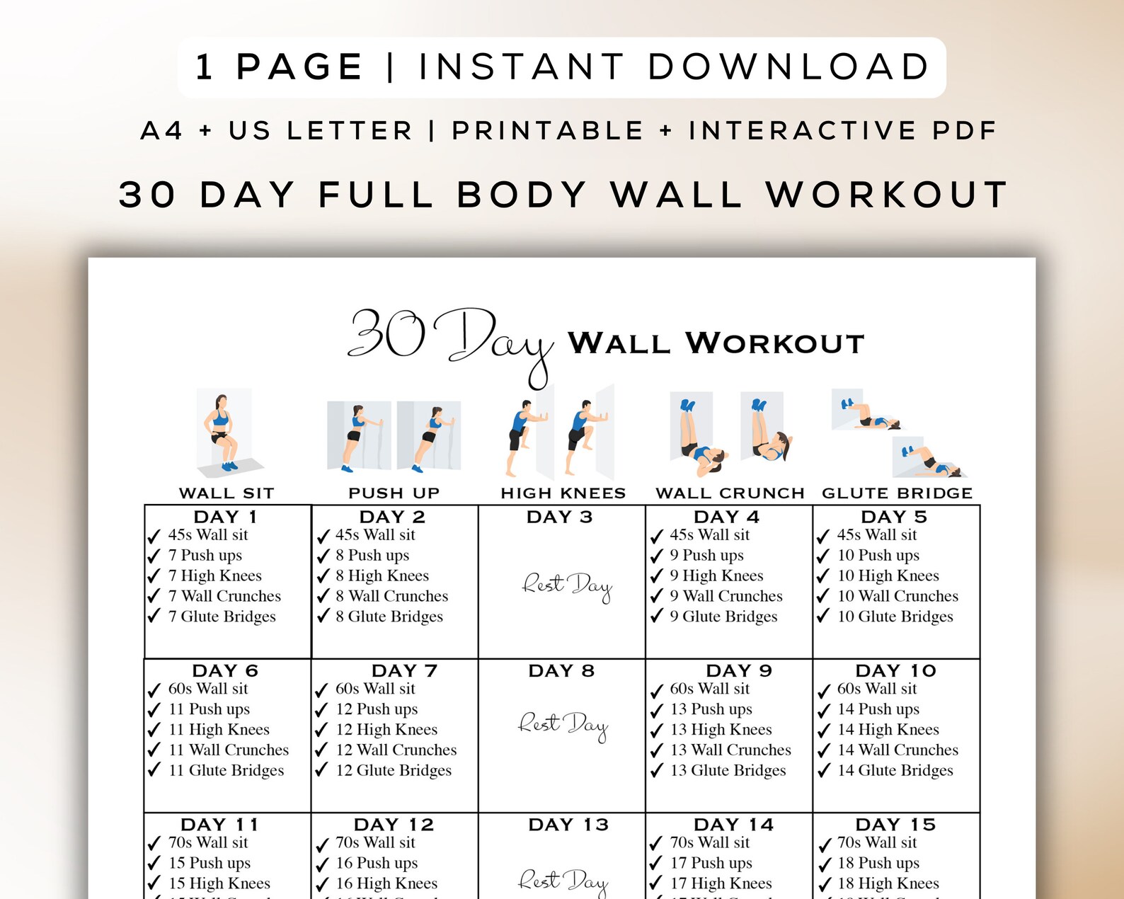 30 Day Wall Workout Printable + Interactive PDF | Easy to Follow ...