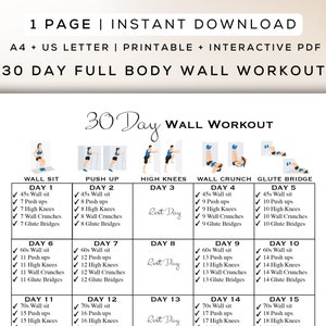 Rutina de ejercicios de 30 días en la pared para imprimir + PDF interactivo / Programa fácil de seguir, rutina de ejercicios para principiantes, guía digital para gimnasios / A4 + Carta de EE. UU.