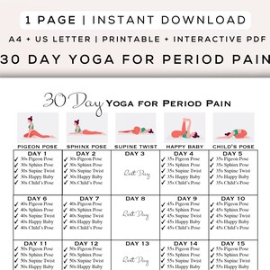 30 Day Yoga for Period Pain Printable + Interactive PDF | Easy to Follow, Beginner Friendly Poses, Digital Workout Guide | A4 + US Letter