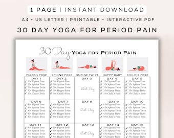 Yoga de 30 días para el dolor menstrual imprimible + PDF interactivo / Fácil de seguir, posturas para principiantes, guía de entrenamiento digital / A4 + carta estadounidense