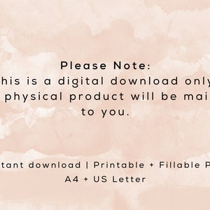 Puede incluir: Un aviso de descarga digital con el texto "Please Note: This is a digital download only. No physical product will be mailed to you. Instant download | Printable + Fillable PDF A4 + US Letter" sobre un fondo rosa claro.