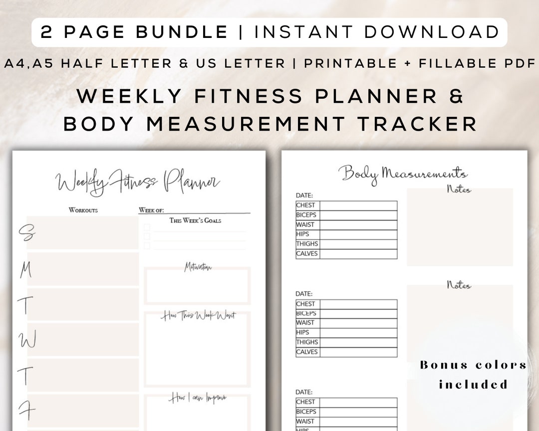 Weekly Fitness Planner Body Measurement Tracker, Printable Fillable PDF