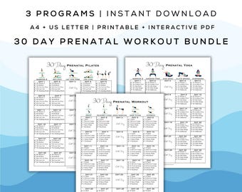 Paquete de entrenamiento prenatal de 30 días: Pilates, yoga, entrenamiento de resistencia (PDF imprimible + interactivo, tamaño A4/Carta)
