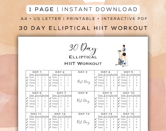 30 Day Elliptical HIIT Workout Plan Printable + Interactive PDF, Digital Gym Guide, Easy to Follow, Beginner Friendly Cardio | A4 + Letter