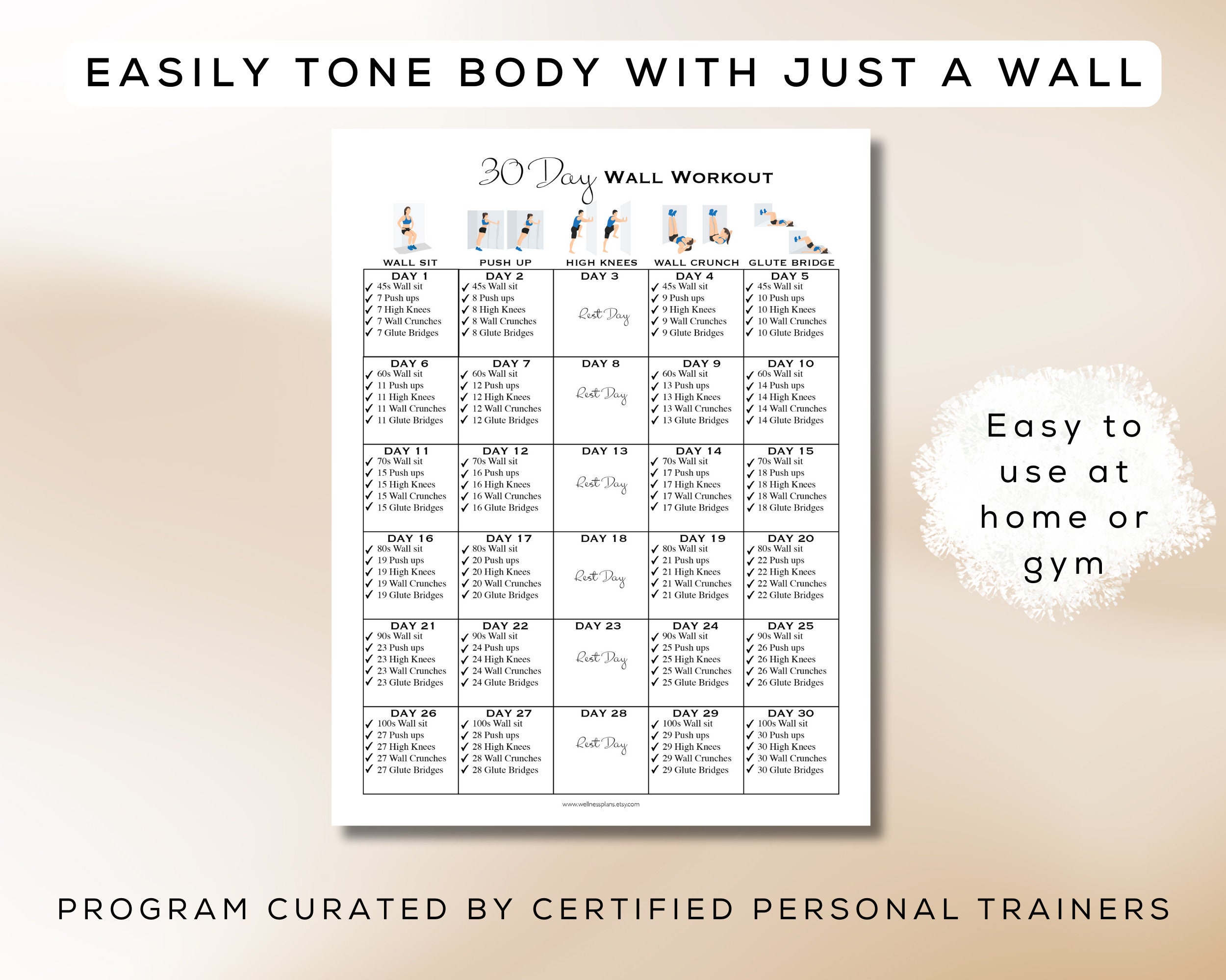 30 Day Wall Workout Printable + Interactive PDF | Easy to Follow ...