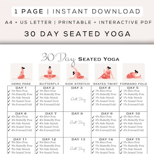 Yoga sentado de 30 días imprimible + PDF interactivo / Posturas fáciles de seguir, Rutina de yoga para principiantes, Guía de entrenamiento digital /A4 + Carta de EE. UU.