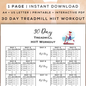 Pode incluir: Um plano de treino HIIT de 30 dias para esteira imprimível com um design em preto e branco. O plano de treino inclui uma programação de treinos diários com configurações de tempo, velocidade e inclinação para cada dia. O plano inclui dias de descanso.