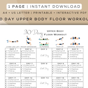May include: A printable 30-day upper body floor workout plan with illustrations of exercises. The plan includes exercises like lying leg lift, tricep extension, superman, push up, and external rotation. The plan includes rest days.