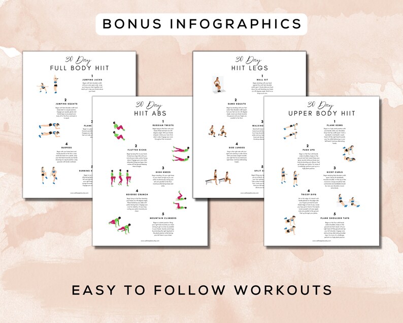 Puede incluir: Cinco rutinas de entrenamiento imprimibles para un programa HIIT de 30 d&iacute;as. Las rutinas se centran en todo el cuerpo, abdominales, piernas y la parte superior del cuerpo. El texto "BONUS INFOGRAPHICS" y "EASY TO FOLLOW WORKOUTS" est&aacute; incluido.