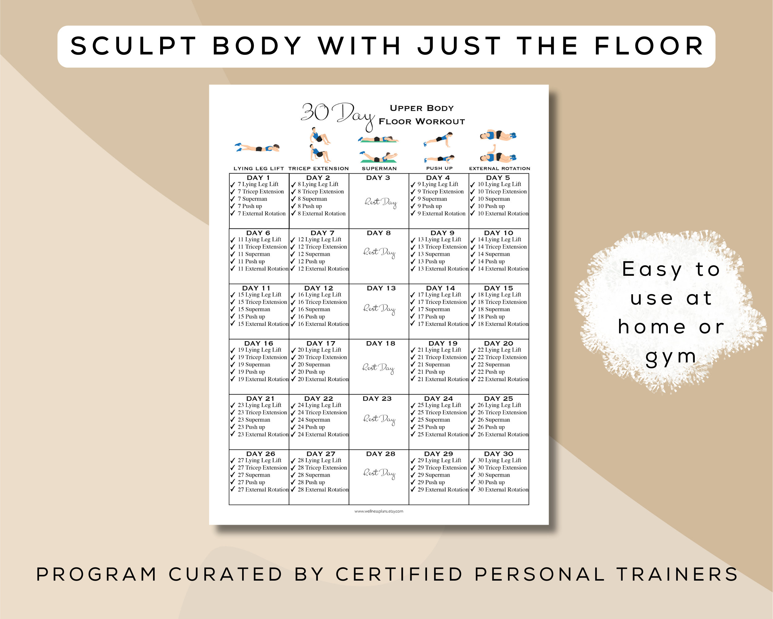 30 Day Upper Body Floor Workout Printable Interactive PDF Easy to Follow Beginner Friendly Digital Home Workout Guide A4 US Letter Etsy