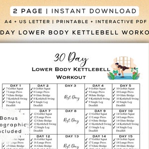 30 Day Kettlebell Lower Body Workout Printable + Digital Gym Guide | Bonus Infographic | A4 & US Letter | Easy to Follow Fitness Program
