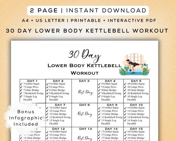 30 Day Kettlebell Lower Body Workout Printable Digital Gym Guide Bonus Infographic A4 US Letter Easy to Follow Fitness Program Etsy UK