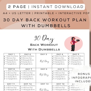 May include: A printable 30-day back workout plan with dumbbells. The plan includes a schedule of exercises for each day, including bent over rows, reverse flys, renegade rows, incline rows, and upright rows. The plan also includes rest days. The image includes a bonus infographic.
