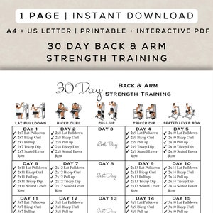 Entrenamiento de fuerza para brazos y espalda de 30 días para imprimir + PDF interactivo / Guía digital para gimnasios para principiantes fácil de seguir / A4 + Carta de EE. UU.