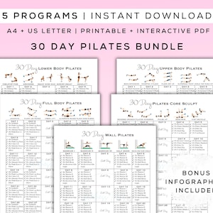 30 Day Pilates Workout Bundle: Beginner Friendly Exercises (Printable + Interactive PDF, A4/US Letter)